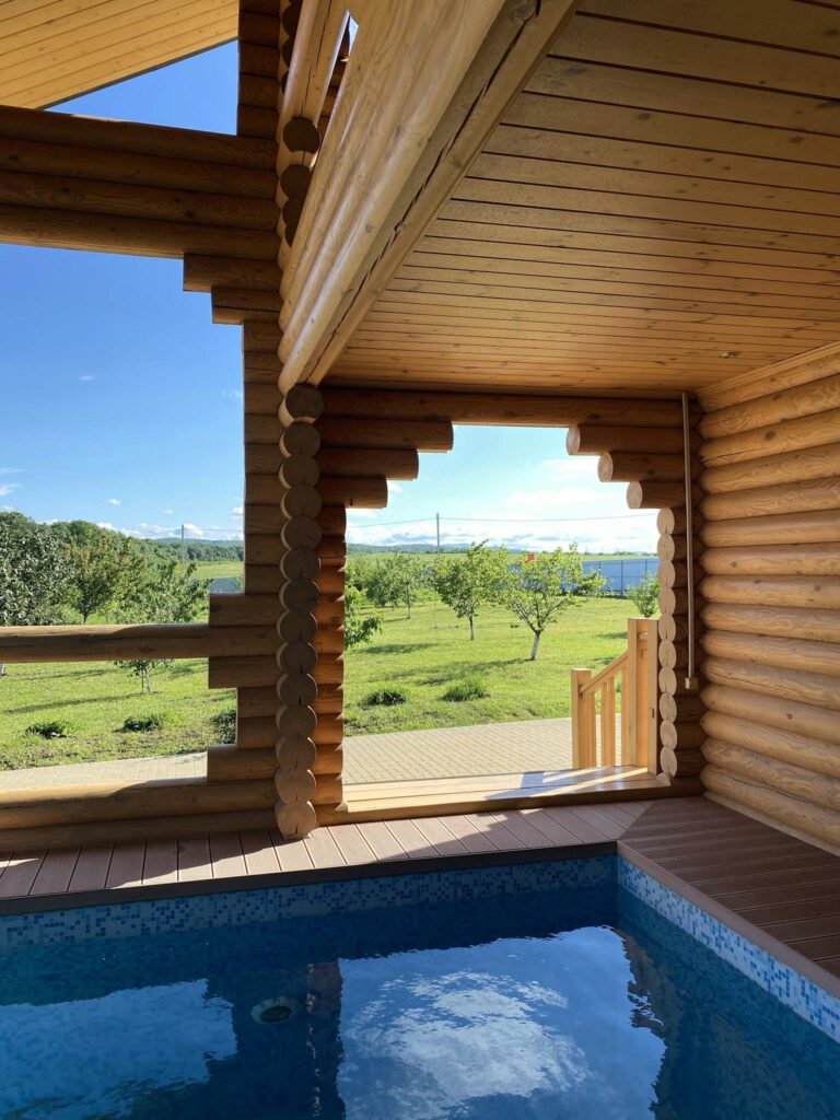 Explore a serene log cabin interior with a pool and scenic outdoor view.